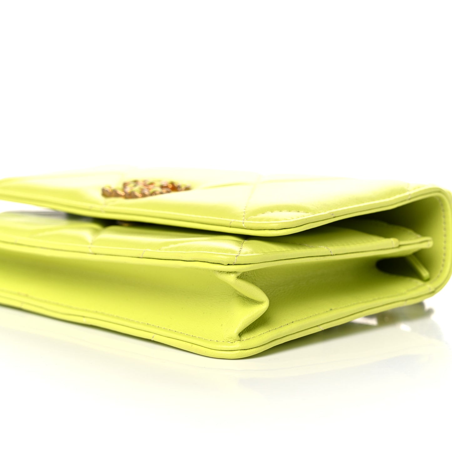 Shiny Lambskin Quilted Chanel 19 Wallet On Chain WOC Neon Yellow
