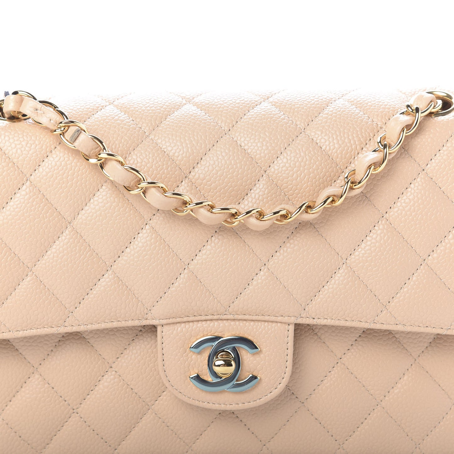 Caviar Quilted Medium Double Flap Beige