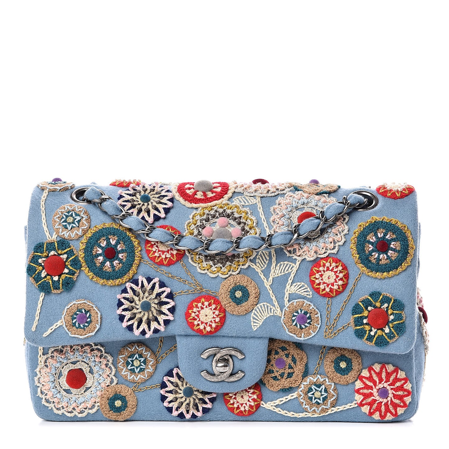 Felt Flower Embroidered Medium Double Flap Blue Multicolor