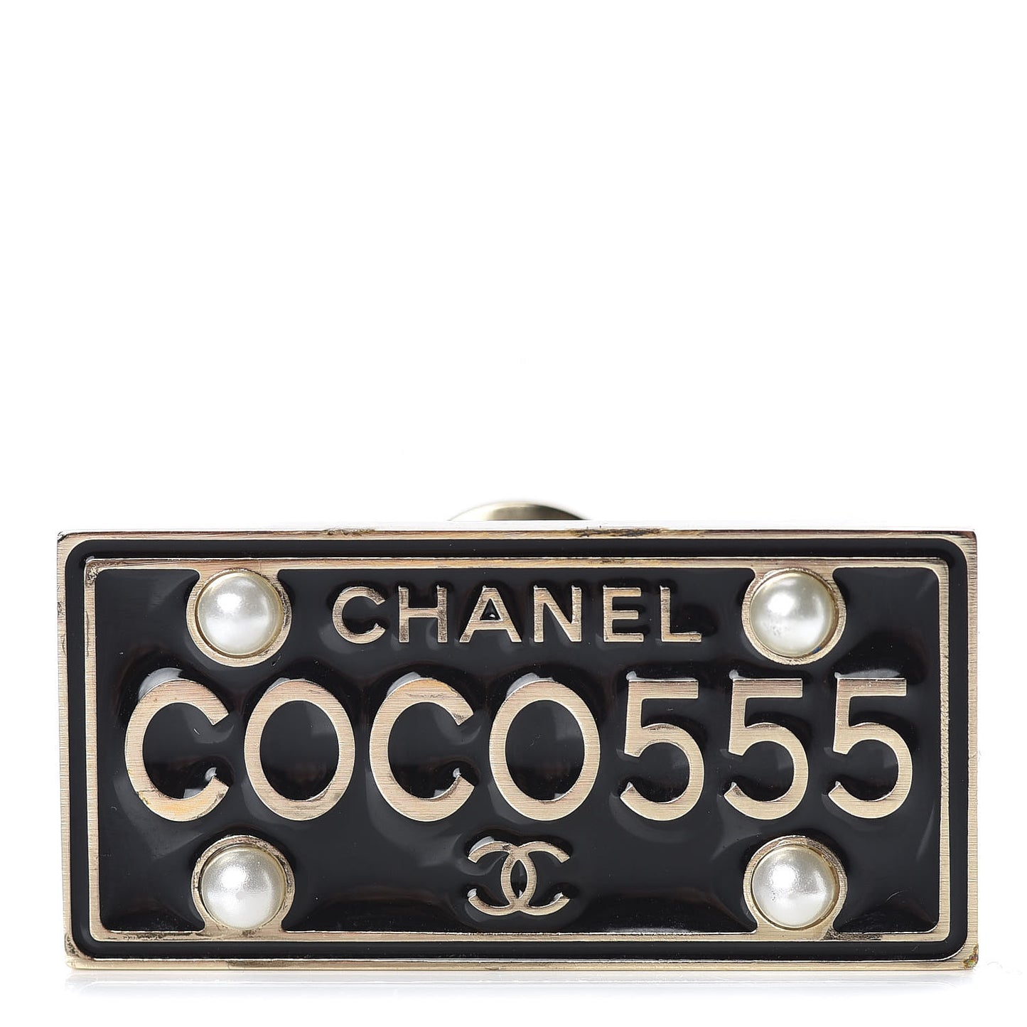 Metal Resin Pearl Coco License Plate Brooch Black Gold