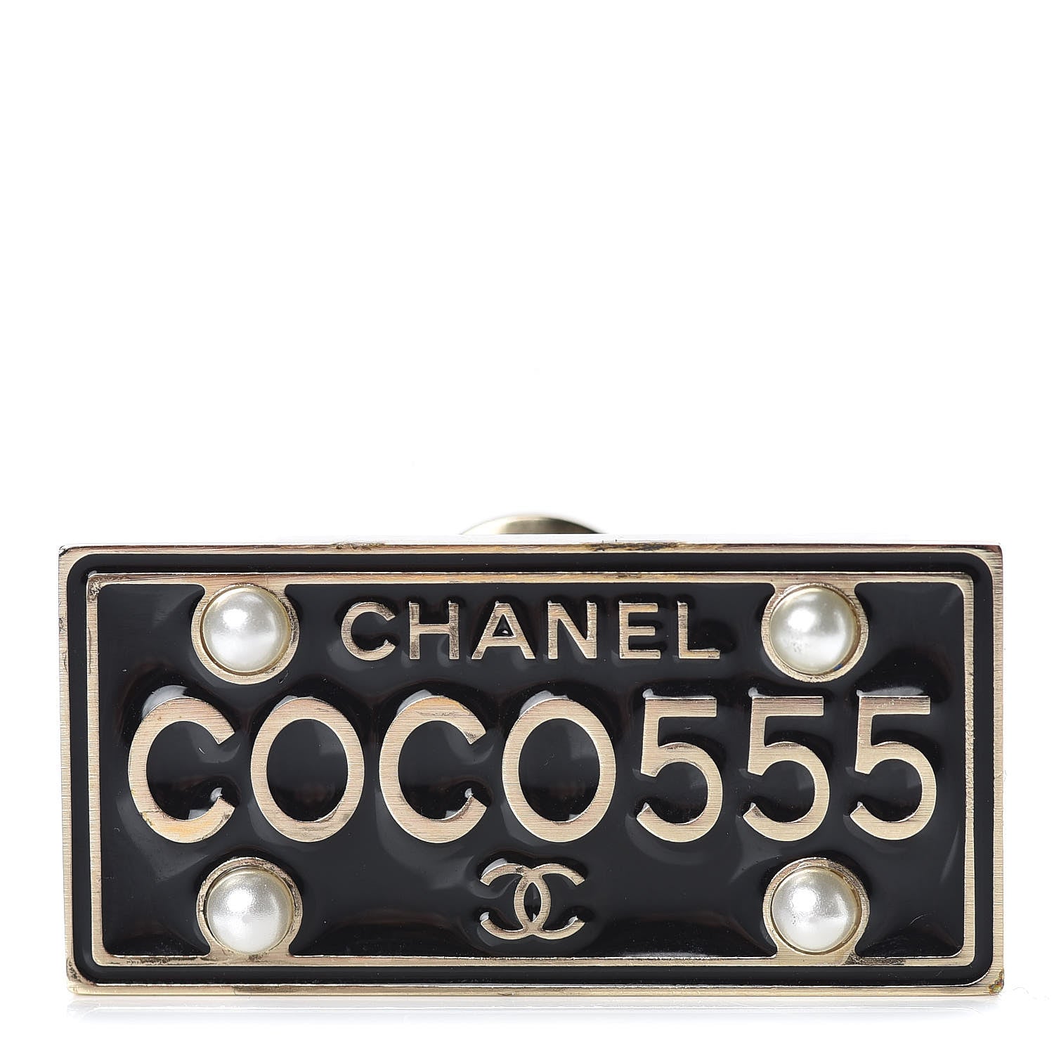 Chanel Metal Resin Pearl Coco License Plate Brooch Black Gold 1 of 5