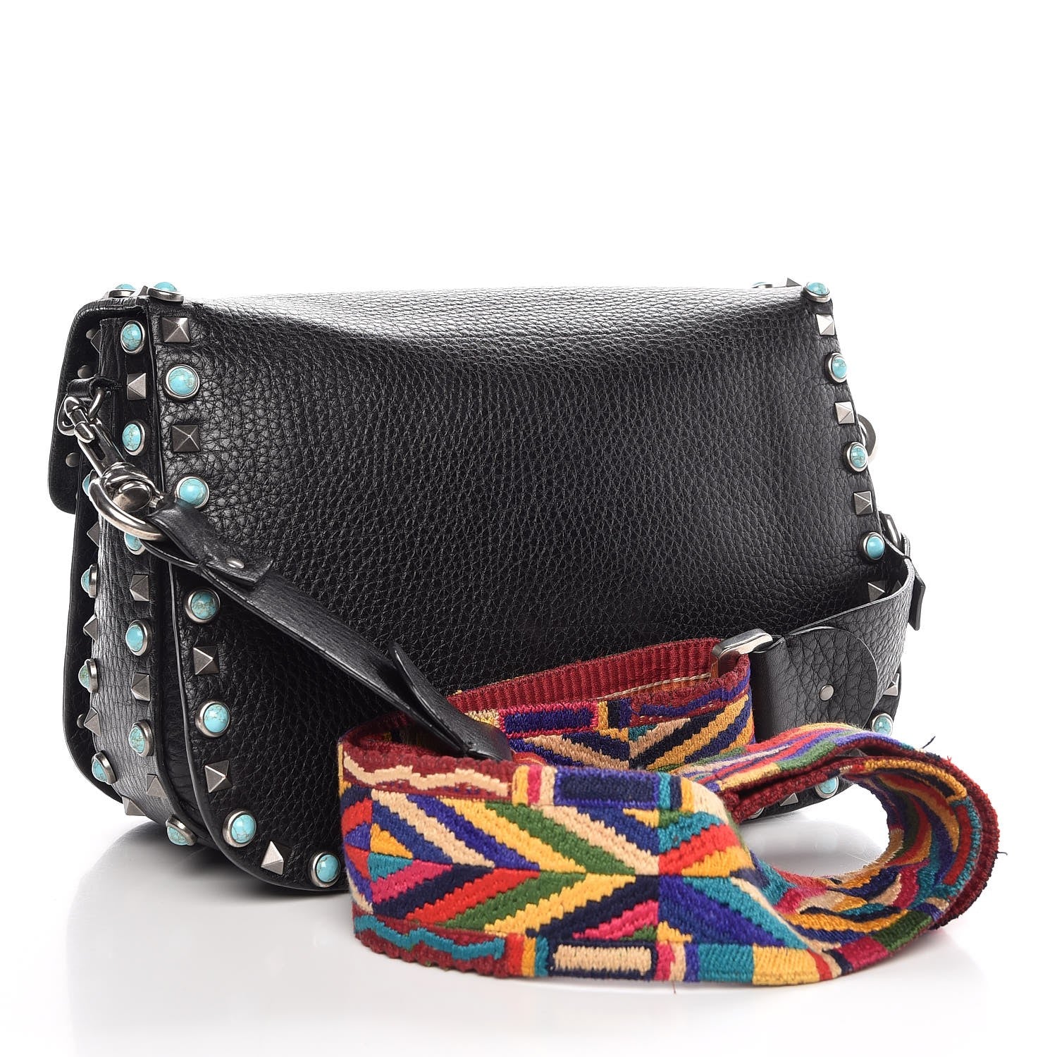 Valentino Garavani Pebbled Calfskin Turquoise Medium Guitar Strap Rockstud Rolling Flap Saddle Bag Black 3 of 8
