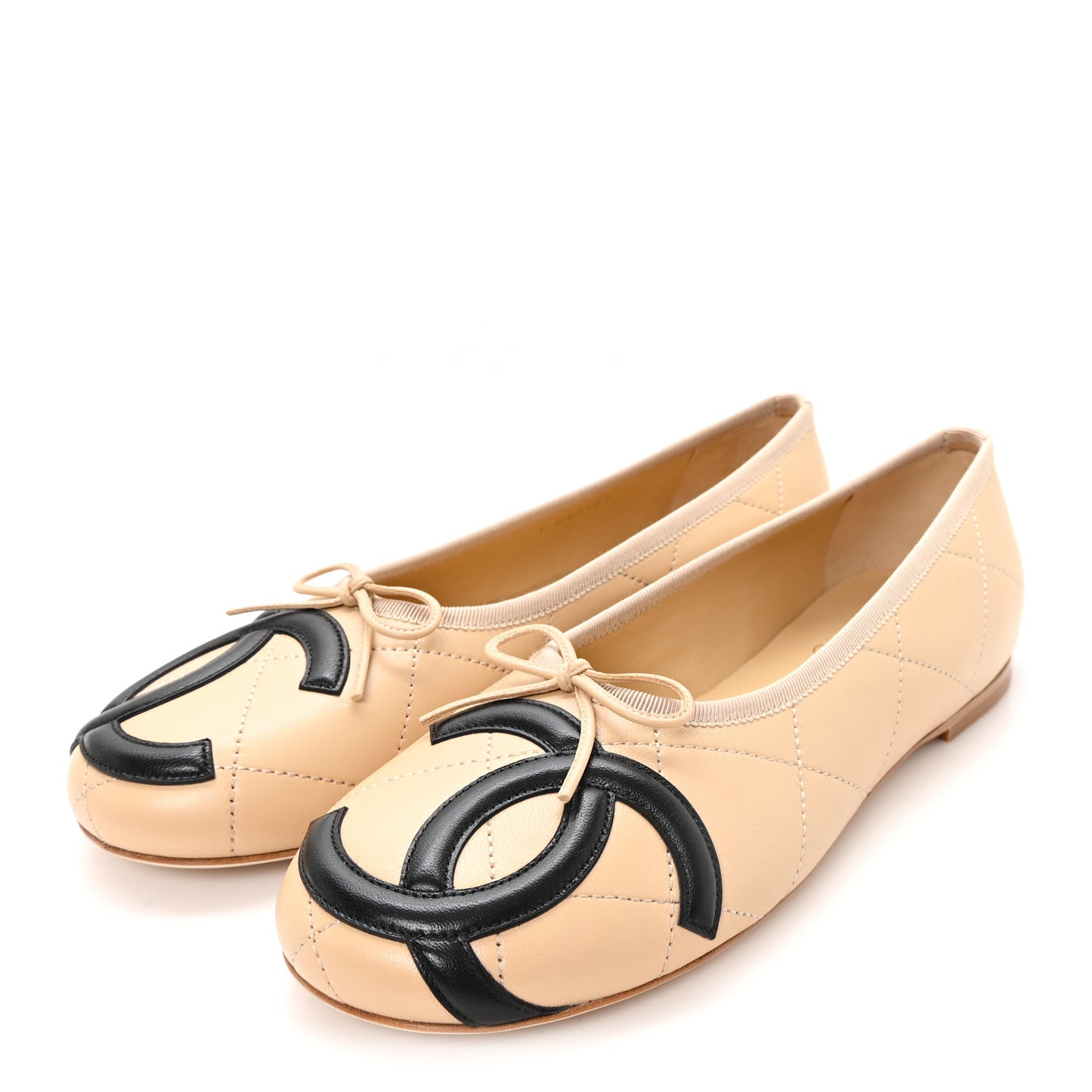 Lambskin Quilted CC Cambon Ballet Flats 39.5 Beige Black