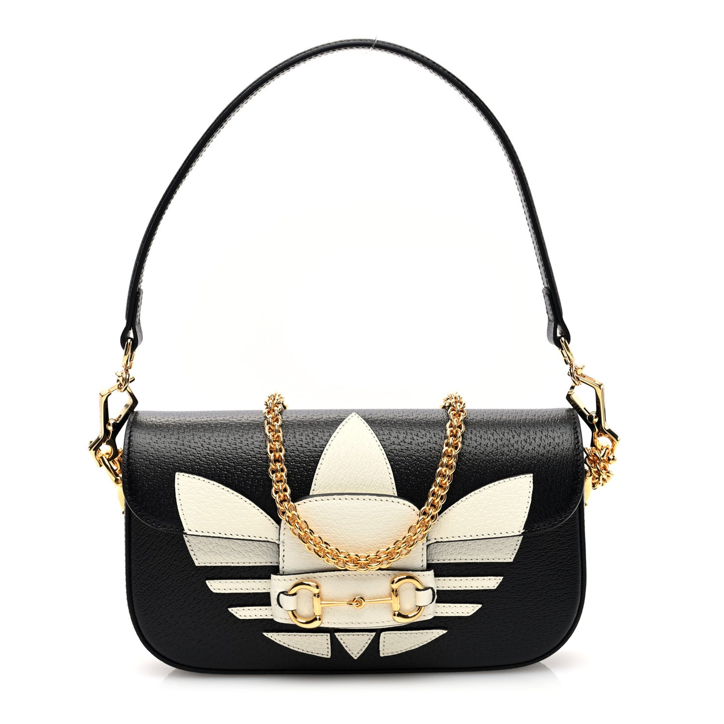 X ADIDAS Textured Dollar Calfskin Web Small Trefoil Horsebit 1955 Shoulder Bag Black Off White