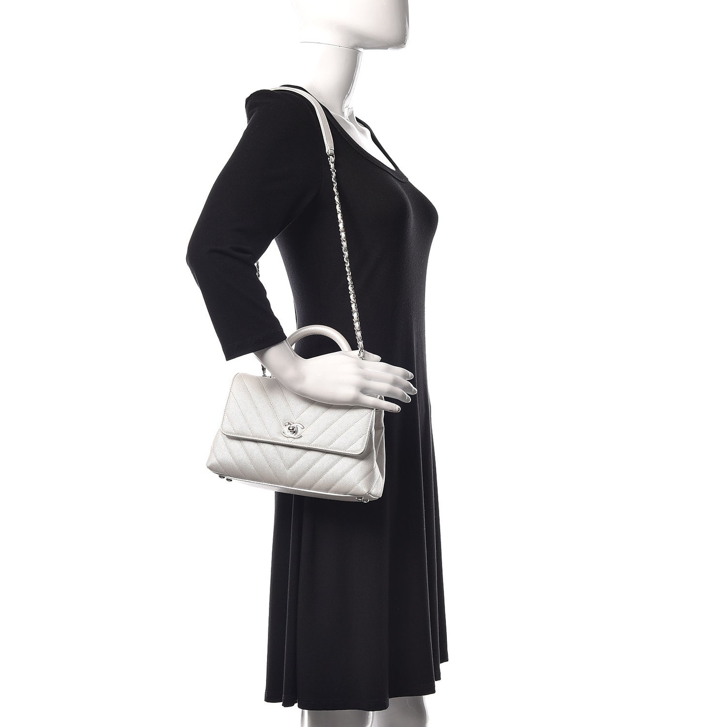 Iridescent Caviar Chevron Quilted Mini Coco Handle Flap White