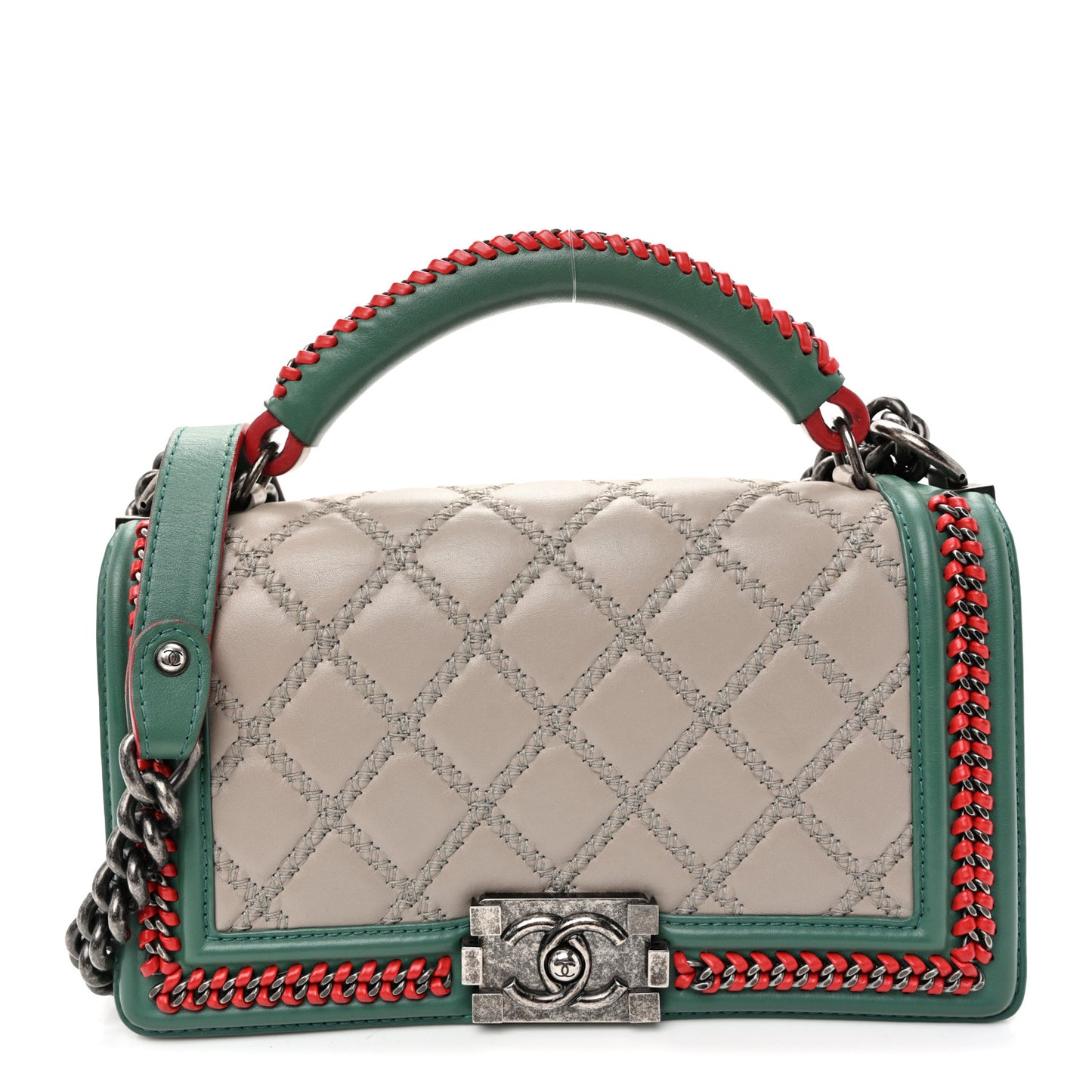 Lambskin Quilted Medium Top Handle Boy Flap Grey Green Red