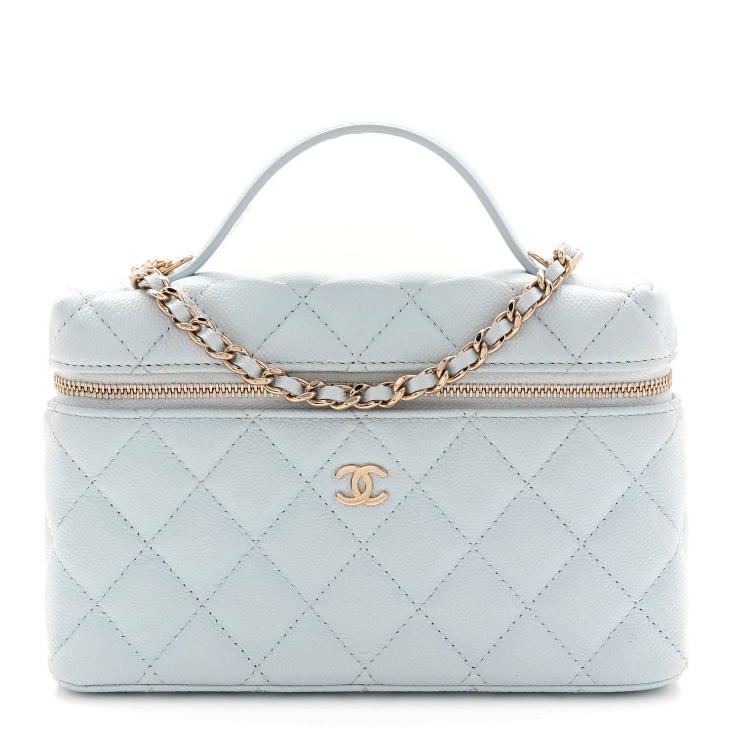 Caviar Quilted Top Handle Slim Vanity With Chain Light Blue