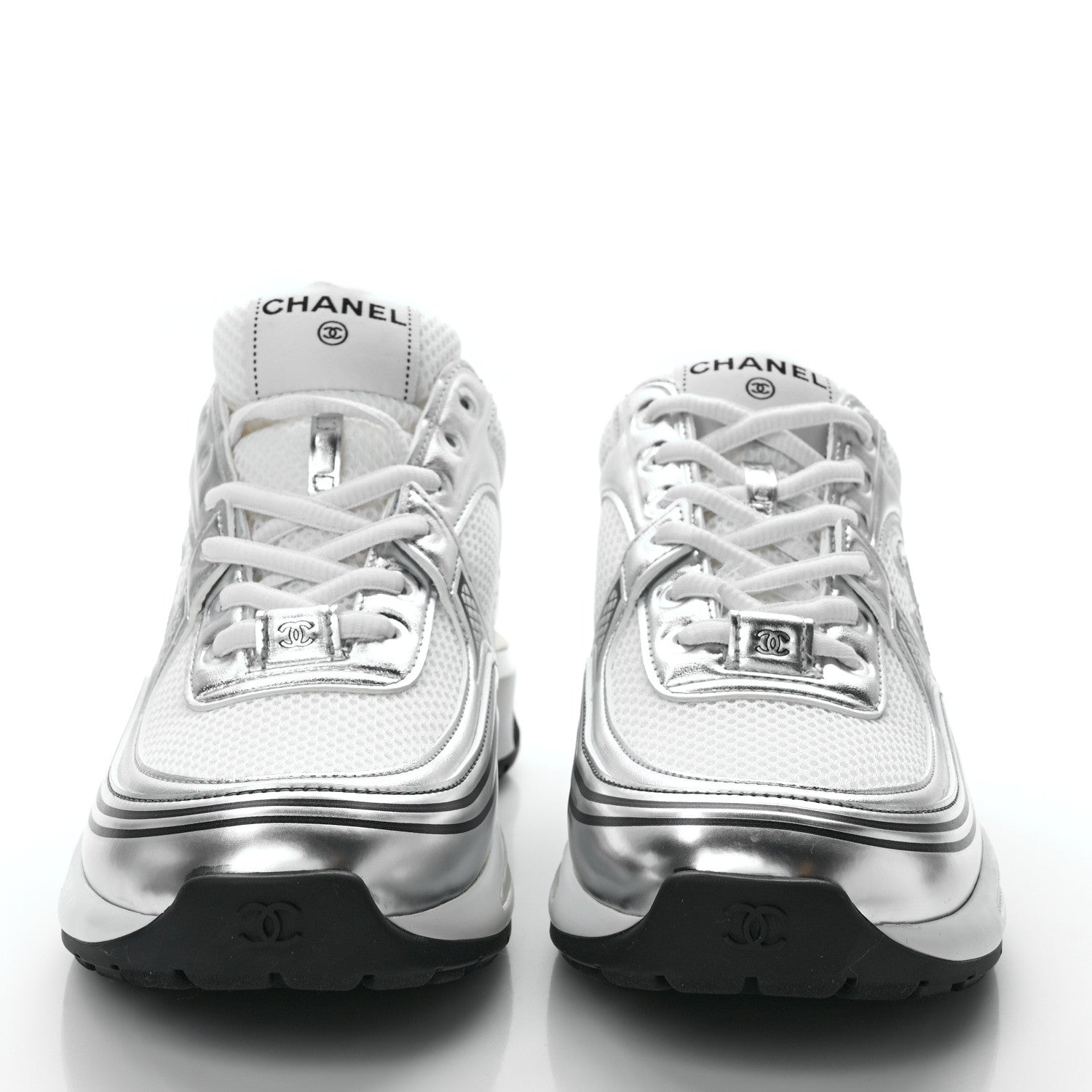 Chanel Fabric Laminated Calfskin Stretch CC Sneakers 39 White Silver 4 of 20