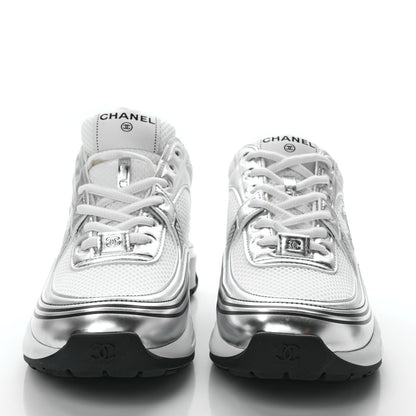 Chanel Fabric Laminated Calfskin Stretch CC Sneakers 39 White Silver 4 of 20