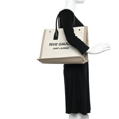 Saint Laurent Linen Calfskin Small Rive Gauche Tote Greggio Natural 2 of 9