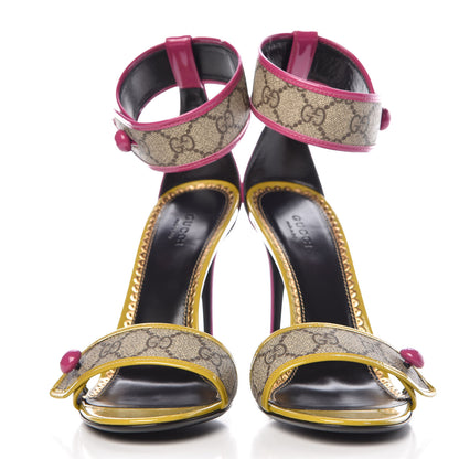 Gucci GG Supreme Monogram Patent Harleth Ankle Strap Sandals 41 Beige New Rosette 2 of 9