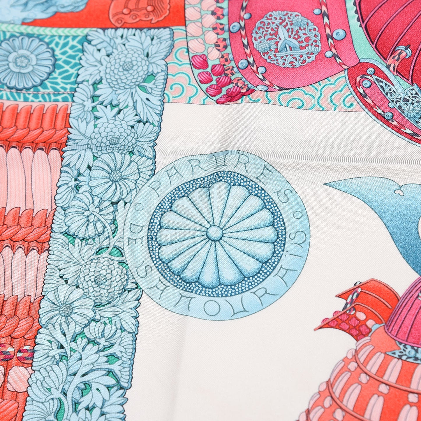 Silk Parures de Samourais Scarf 90 Creme Aqua Coral