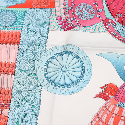 Hermes Silk Parures de Samourais Scarf 90 Creme Aqua Coral 4 of 6
