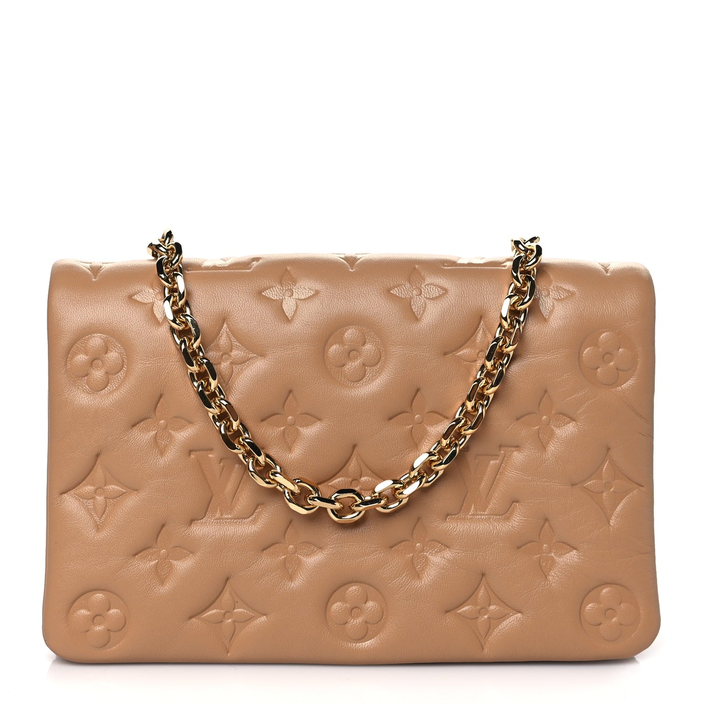 Lambskin Embossed Monogram Pochette Coussin Camel