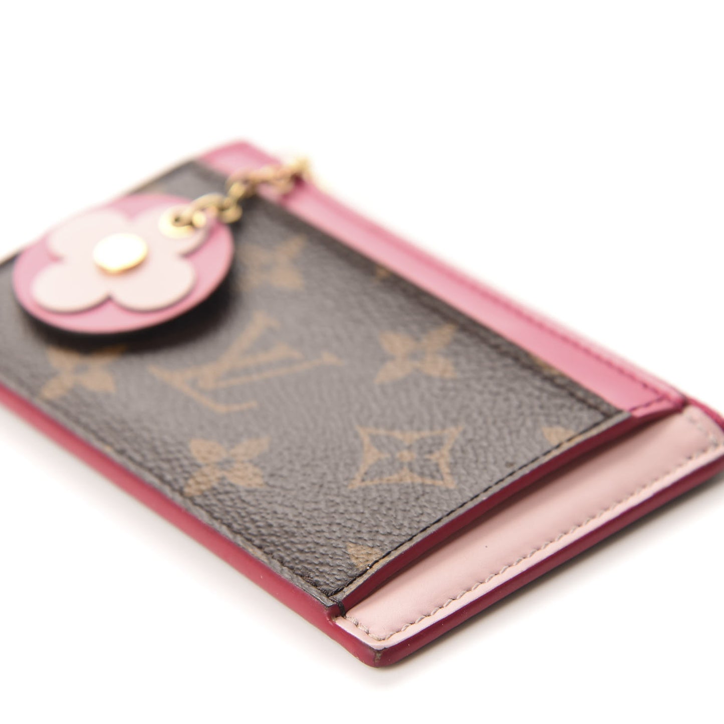 Monogram Blooming Flowers Zipped Card Holder Hot Pink Rose Ballerine