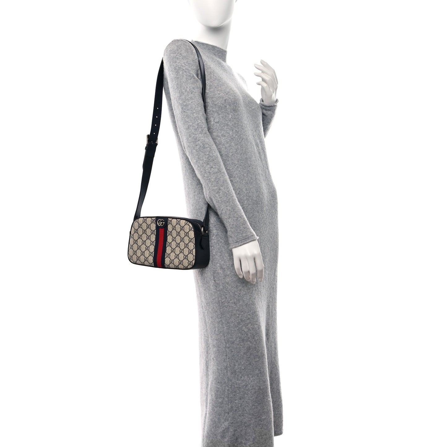 GG Supreme Monogram Textured Dollar Calfskin Web Small Ophidia Camera Bag Beige Blue