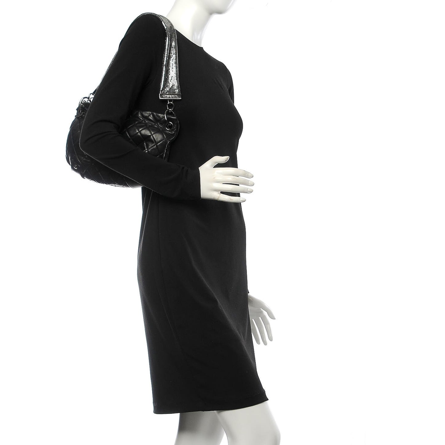 Lambskin Small Chain Mail Hobo Black