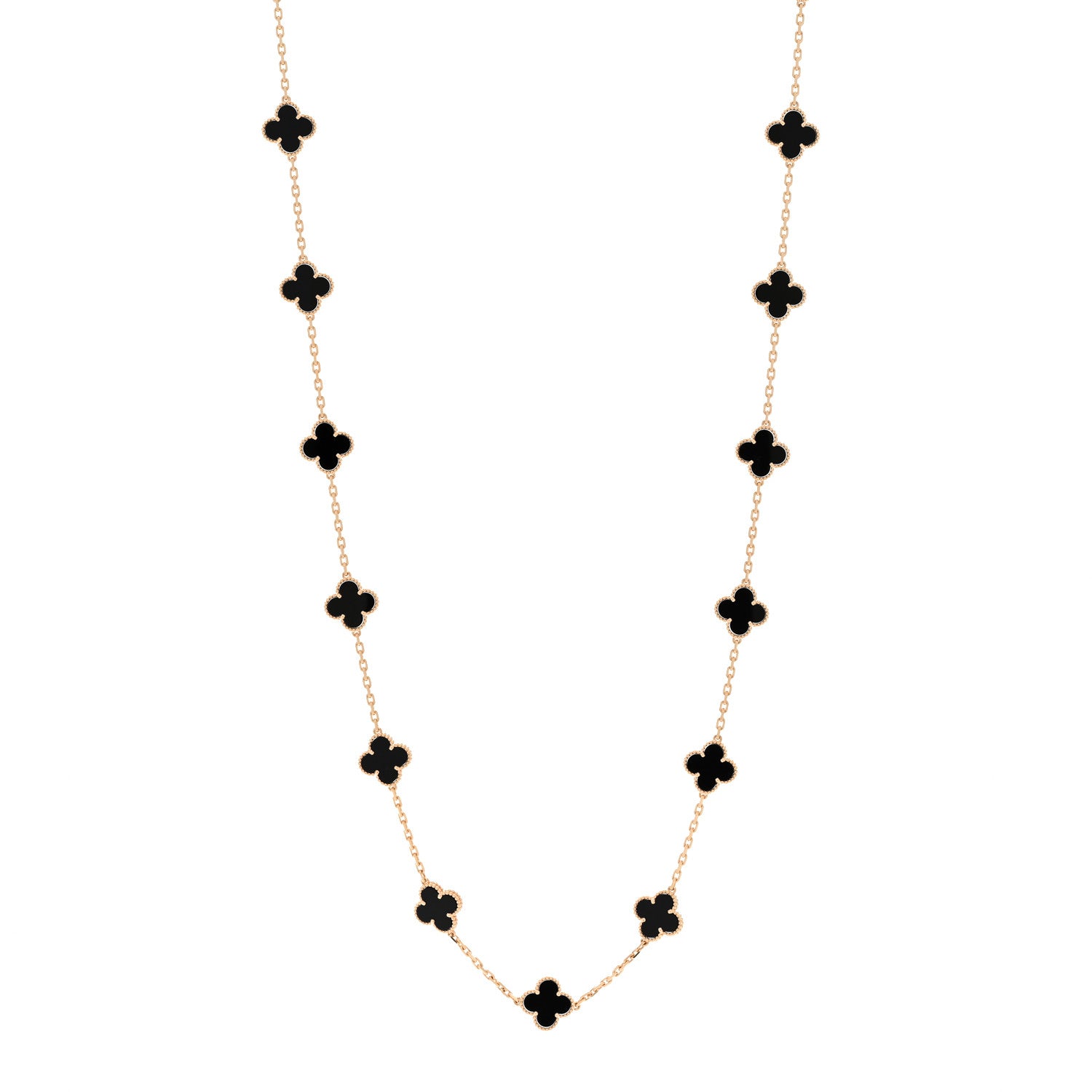 Van Cleef & Arpels 18K Yellow Gold Black Onyx 20 Motifs Vintage Alhambra Necklace 1 of 9