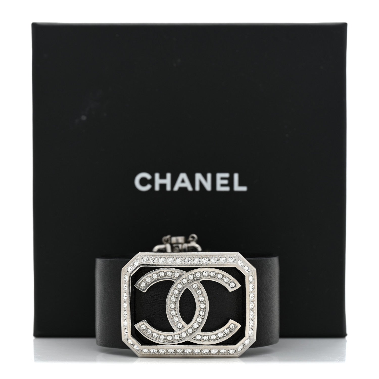 Chanel Calfskin Crystal CC Cuff Bracelet M Black 7 of 7