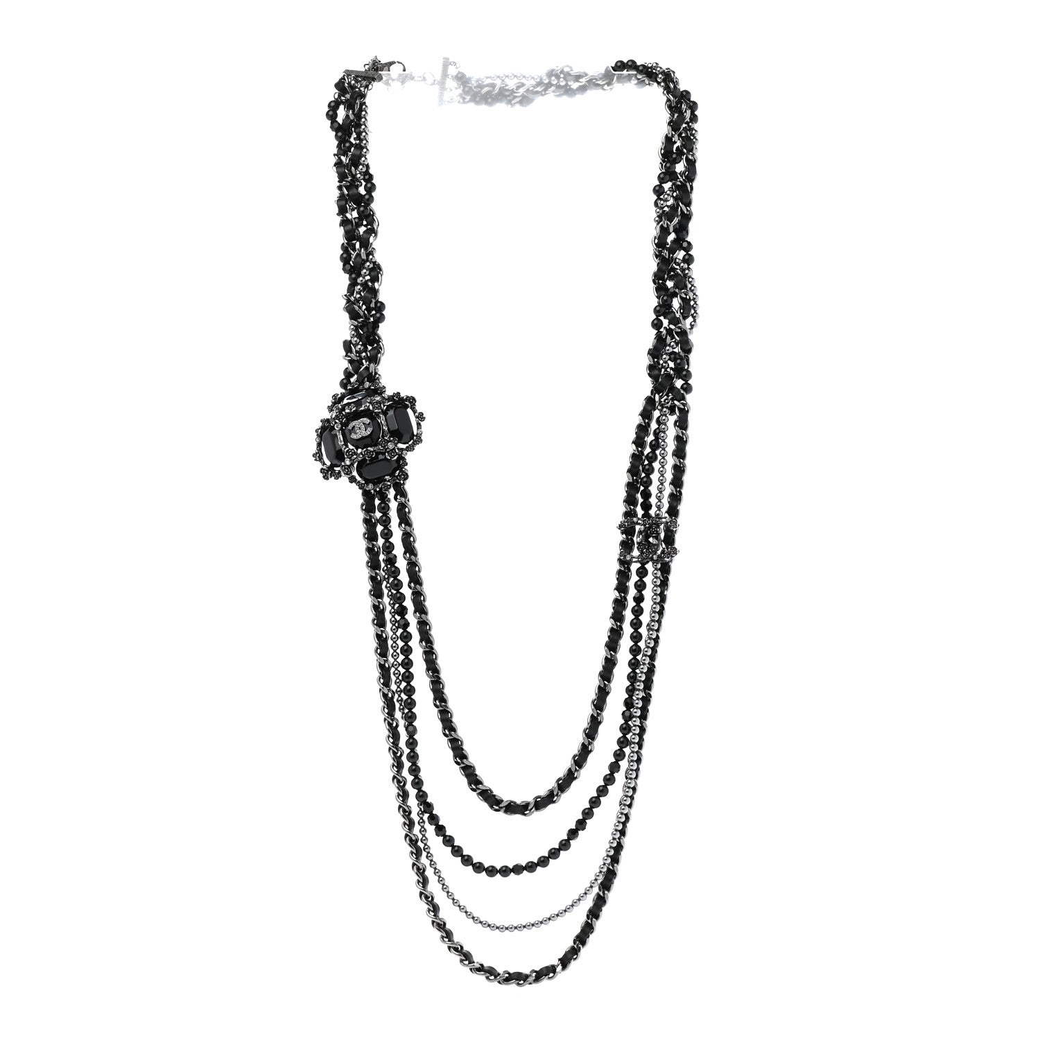 Chanel Strass Glass Pearl Lambskin Long Beaded CC Necklace Ruthenium Black Grey 3 of 7