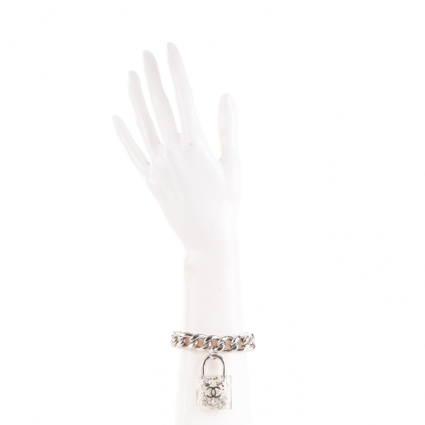 Plexiglass Pearl CC Padlock Bracelet Silver