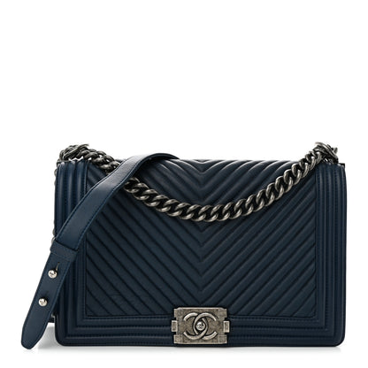 Chanel Wrinkled Lambskin Chevron Quilted New Medium Boy Flap Navy Blue 1 of 12