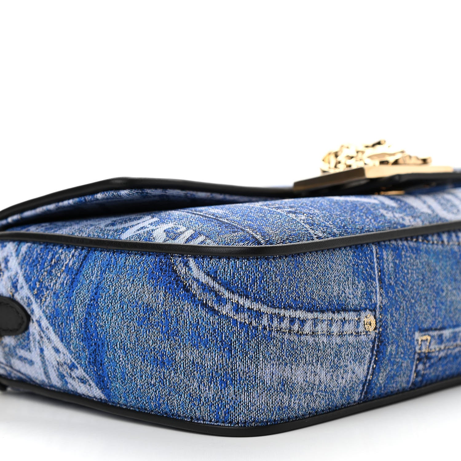 Versace X FENDI Fabric Calfskin Medusa Denim Patchwork Print Baguette Blue Black Gold 5 of 9