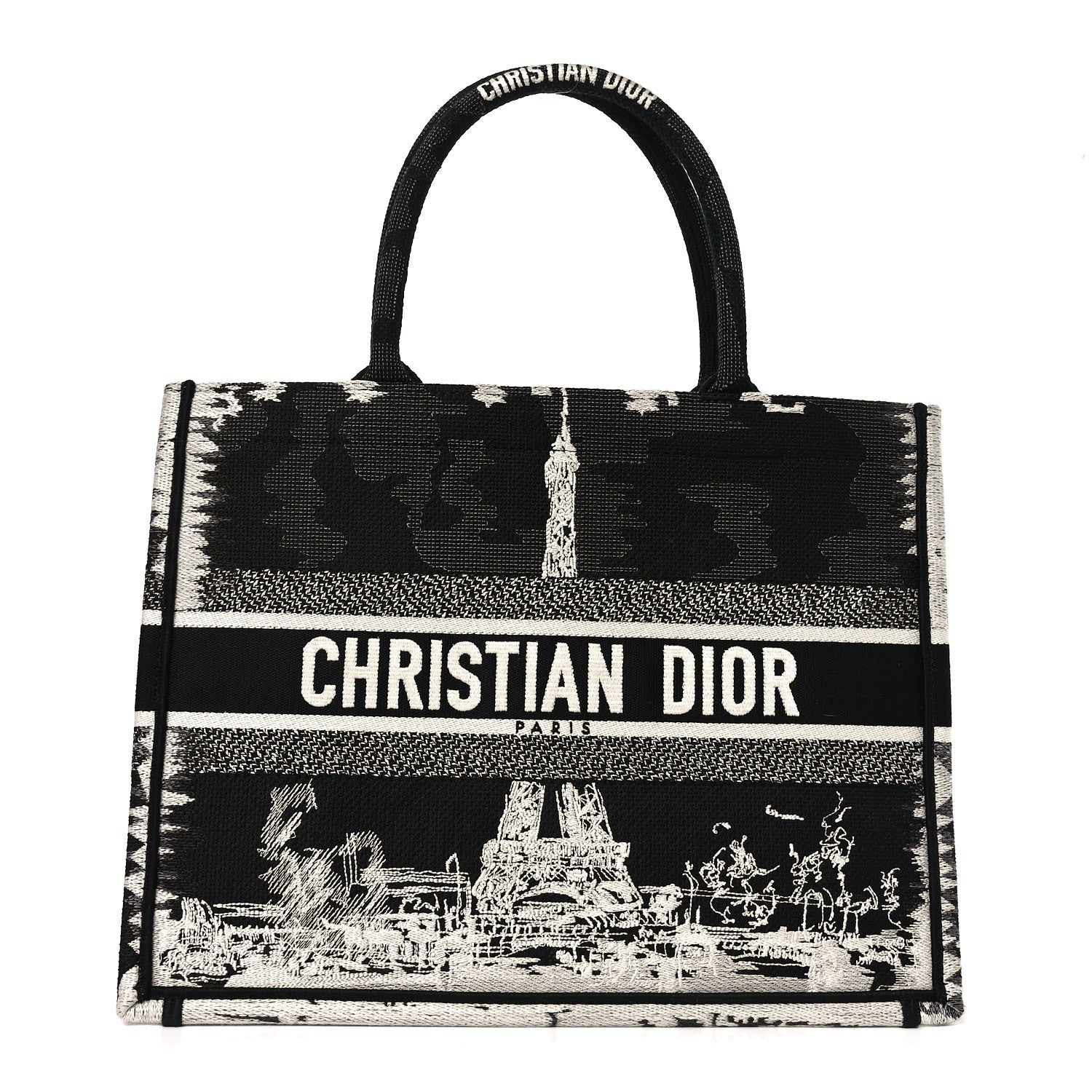 Christian Dior Canvas Embroidered Medium Paris Book Tote Black White 1 of 9