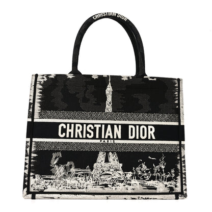 Christian Dior Canvas Embroidered Medium Paris Book Tote Black White 1 of 9