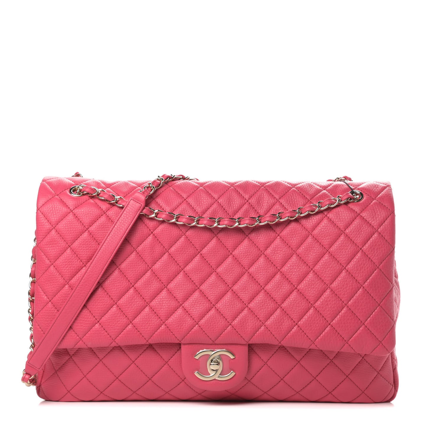 Calfskin Quilted XXL Travel Flap Bag Dark Pink