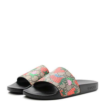 Gucci GG Supreme Monogram Strawberry Slide Sandals 38 Beige Multicolor 3 of 8