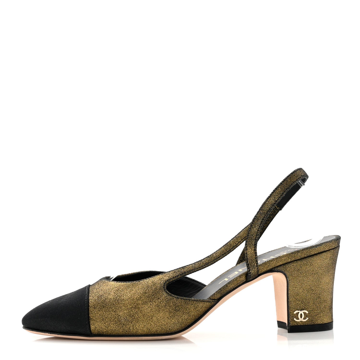 Chanel Metallic Lambskin Grosgrain Cap Toe CC Slingback Pumps 37 Gold Black 1 of 10