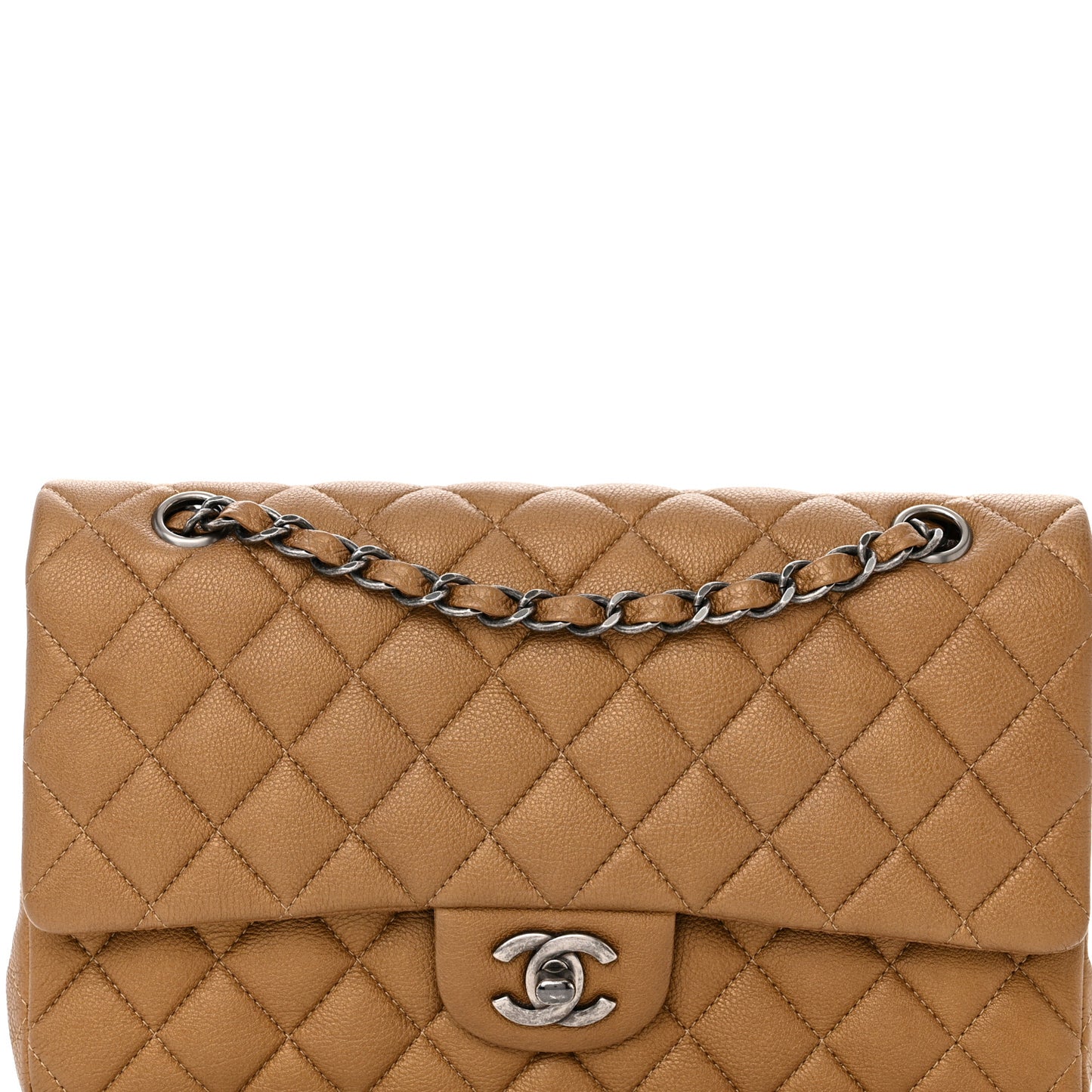 Metallic Calfskin Quilted Medium Double Flap Dark Gold