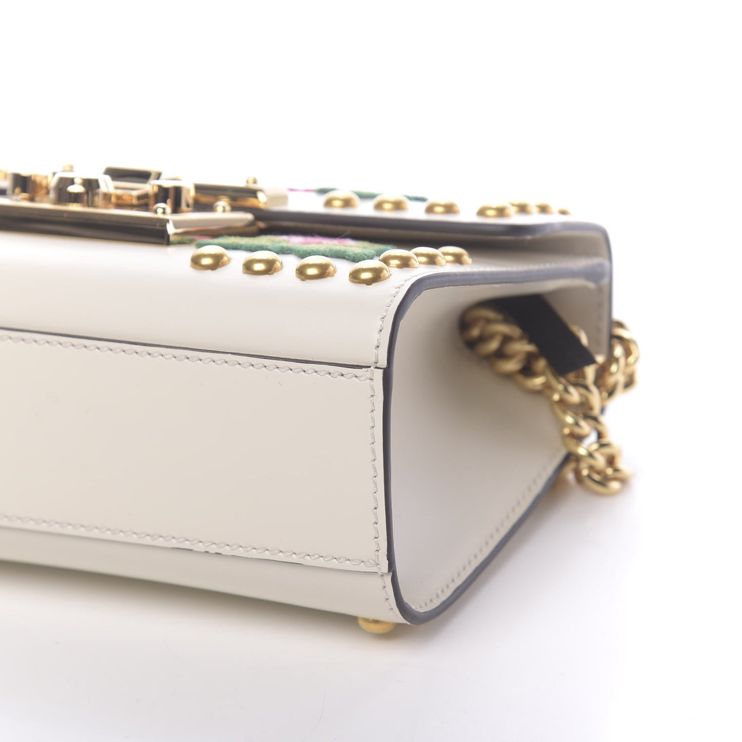 Calfskin Floral Embroidered Small Padlock Shoulder Bag White