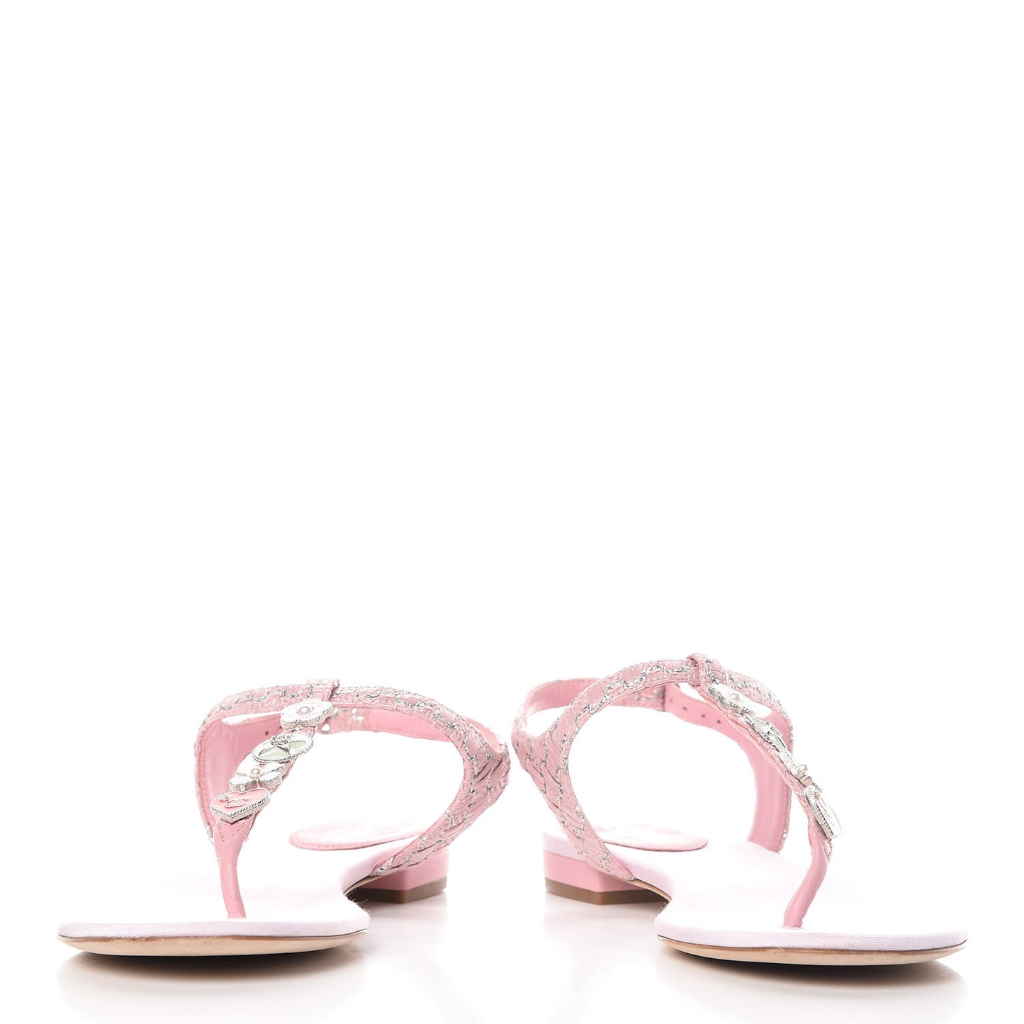Tweed CC Charm Thong Sandals 36.5 Pink Silver