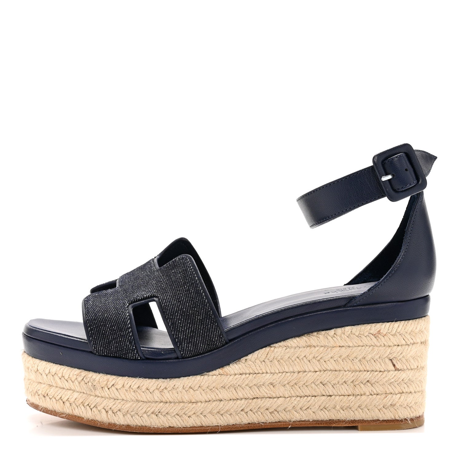Hermes H Denim Goatskin Elda Espadrille Wedge Sandals 39 Bleu Brut Bleu Obscur 1 of 12