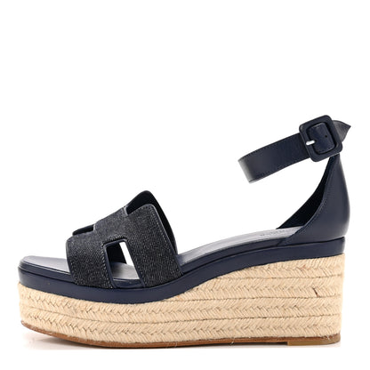 Hermes H Denim Goatskin Elda Espadrille Wedge Sandals 39 Bleu Brut Bleu Obscur 1 of 12