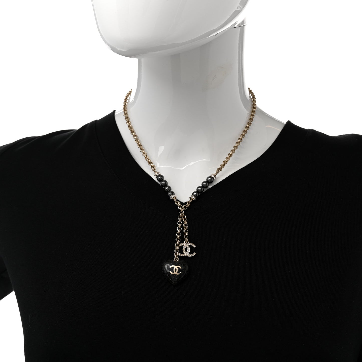 Resin Crystal Bead CC Heart Necklace Black Gold