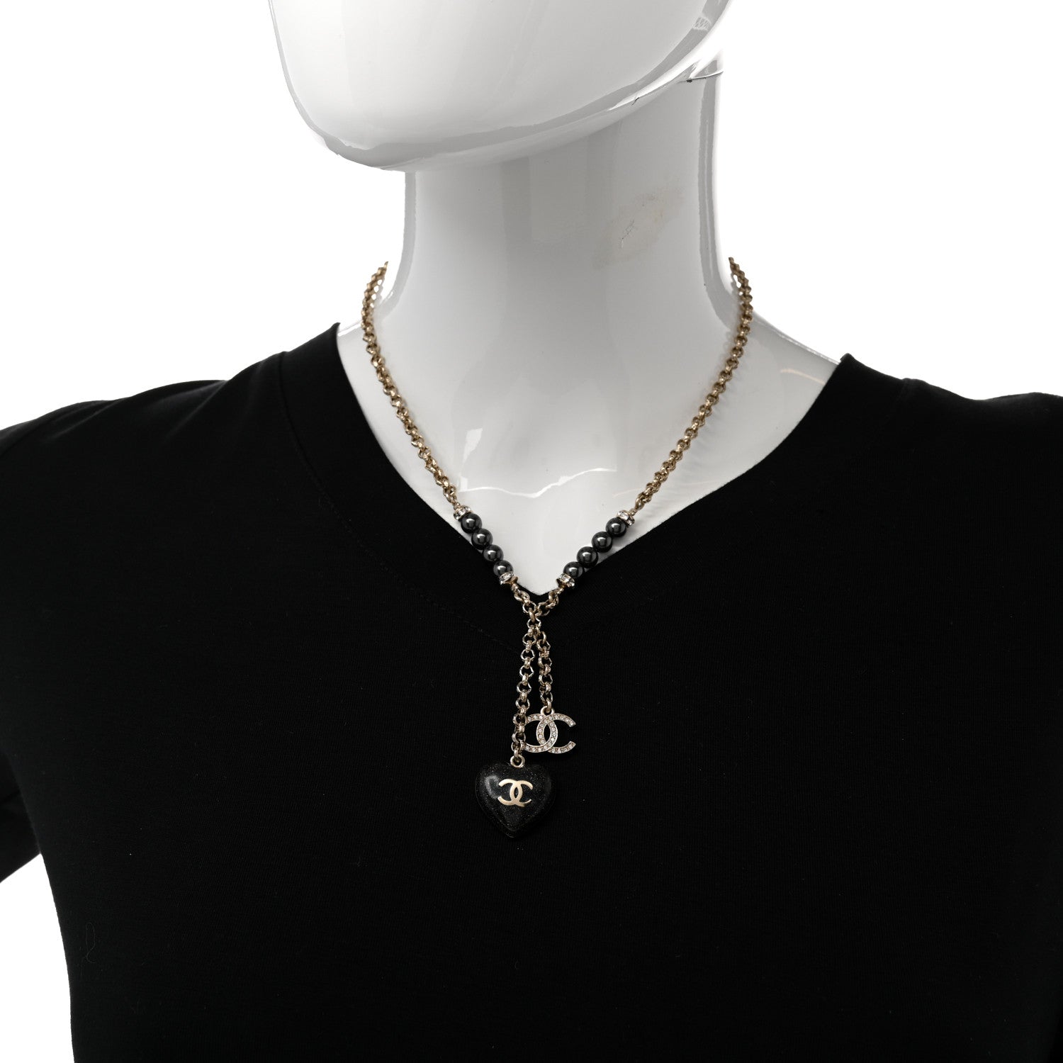 Chanel Resin Crystal Bead CC Heart Necklace Black Gold 2 of 10