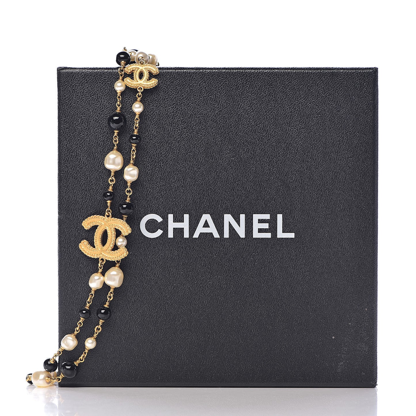 Pearl Bead CC Long Necklace Black Gold