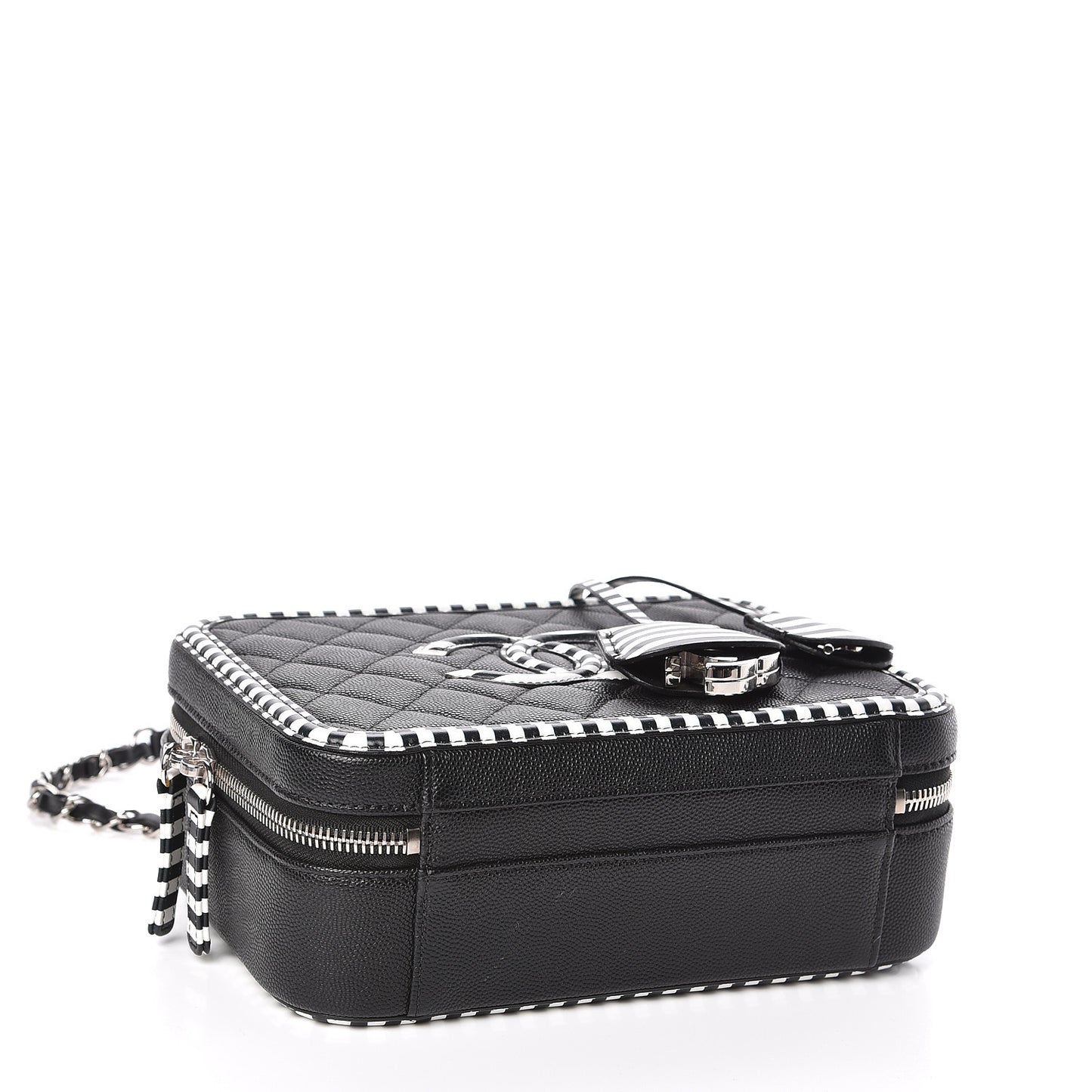 Caviar Quilted Striped Medium CC Filigree Vanity Case Black White