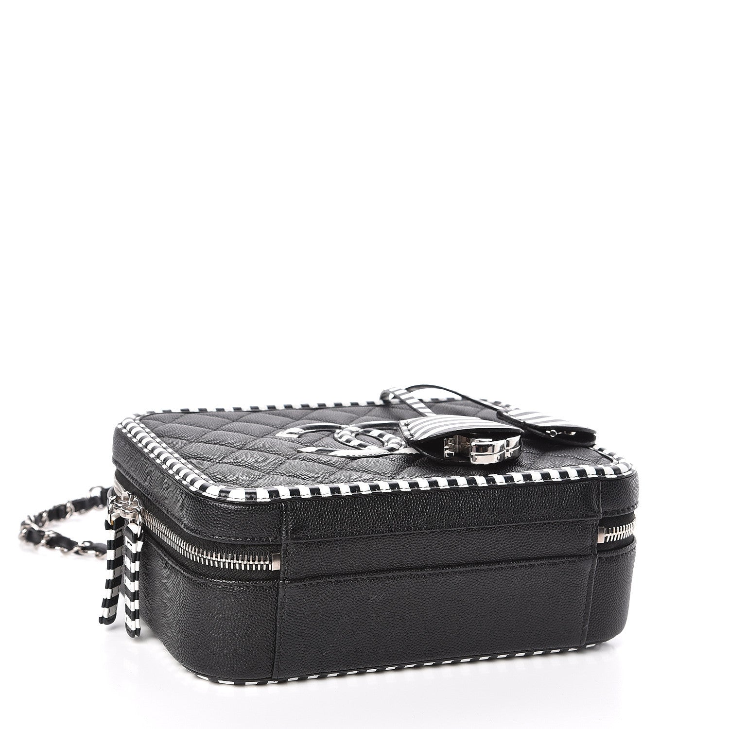Chanel Caviar Quilted Striped Medium CC Filigree Vanity Case Black White 4 of 11