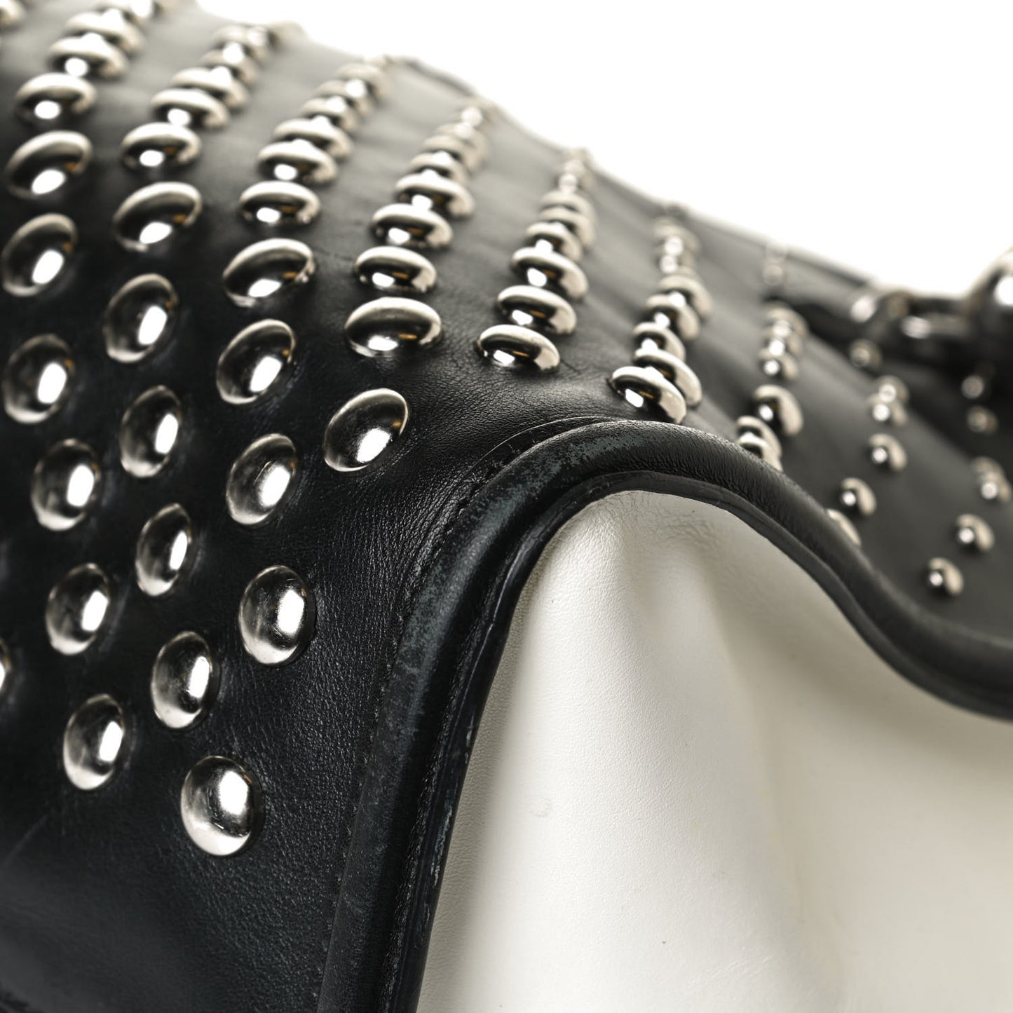 Calfskin Large Studded Padlock Zip Around Tote Black White