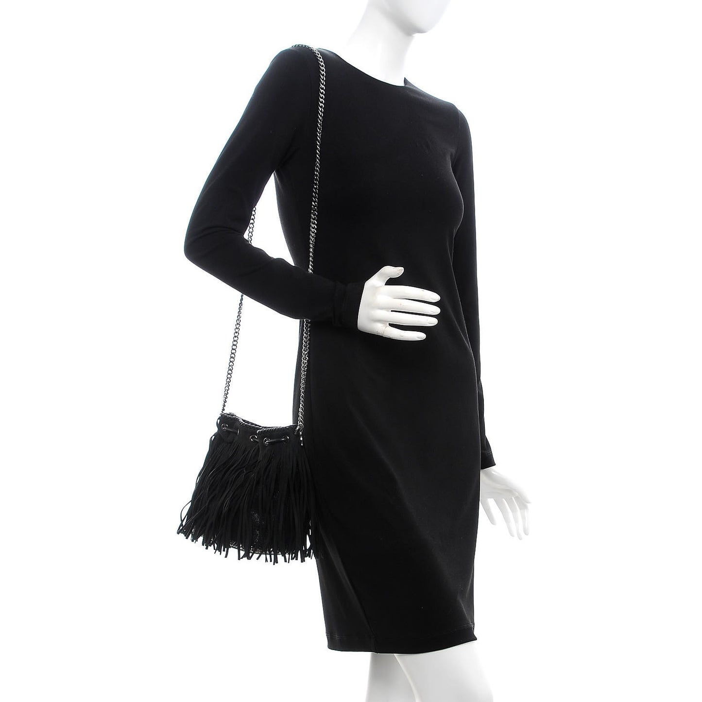 Shaggy Deer Fringe Falabella Bucket Bag Black