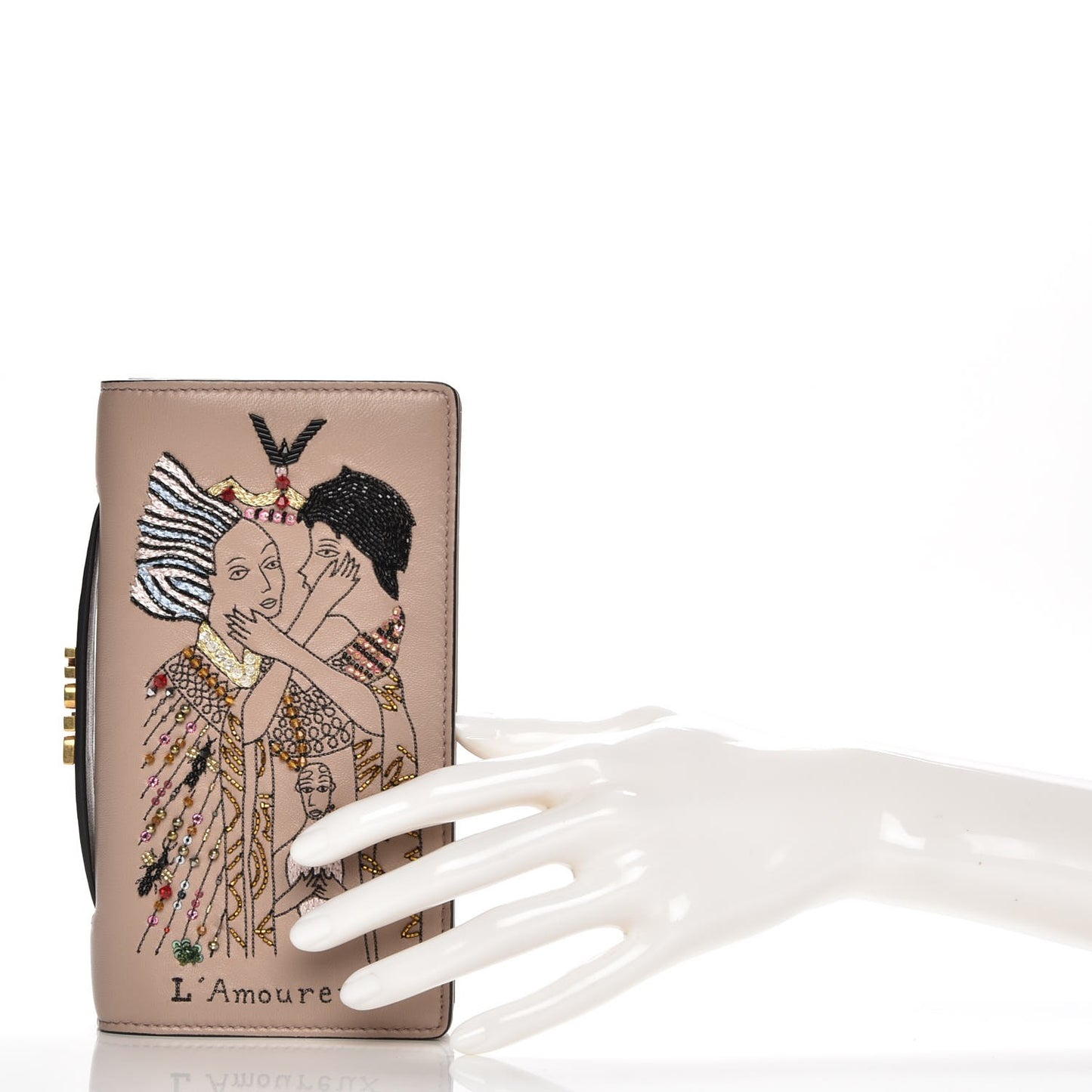 Lambskin Embroidered L'amoureux Tarot Pouch Clutch Vieux Rose