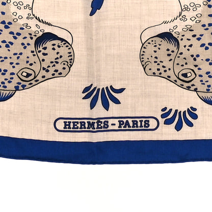 Hermes Cashmere Silk Les Leopards Shawl 140 Naturel Bleu Orange 2 of 5