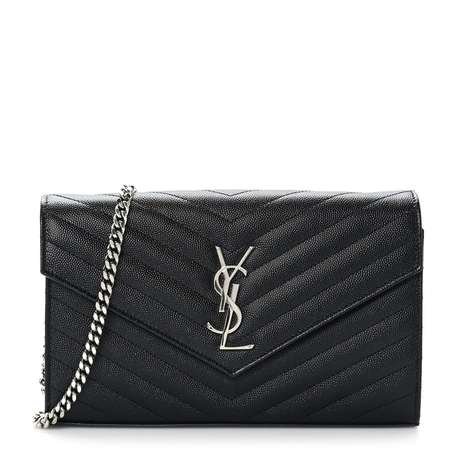 Saint Laurent Grain De Poudre Matelasse Chevron Monogram Chain Wallet Black 2 of 10