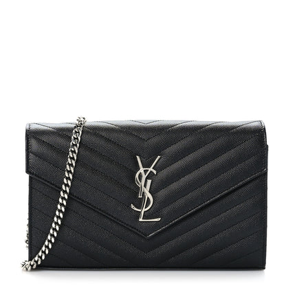 Saint Laurent Grain De Poudre Matelasse Chevron Monogram Chain Wallet Black 2 of 10