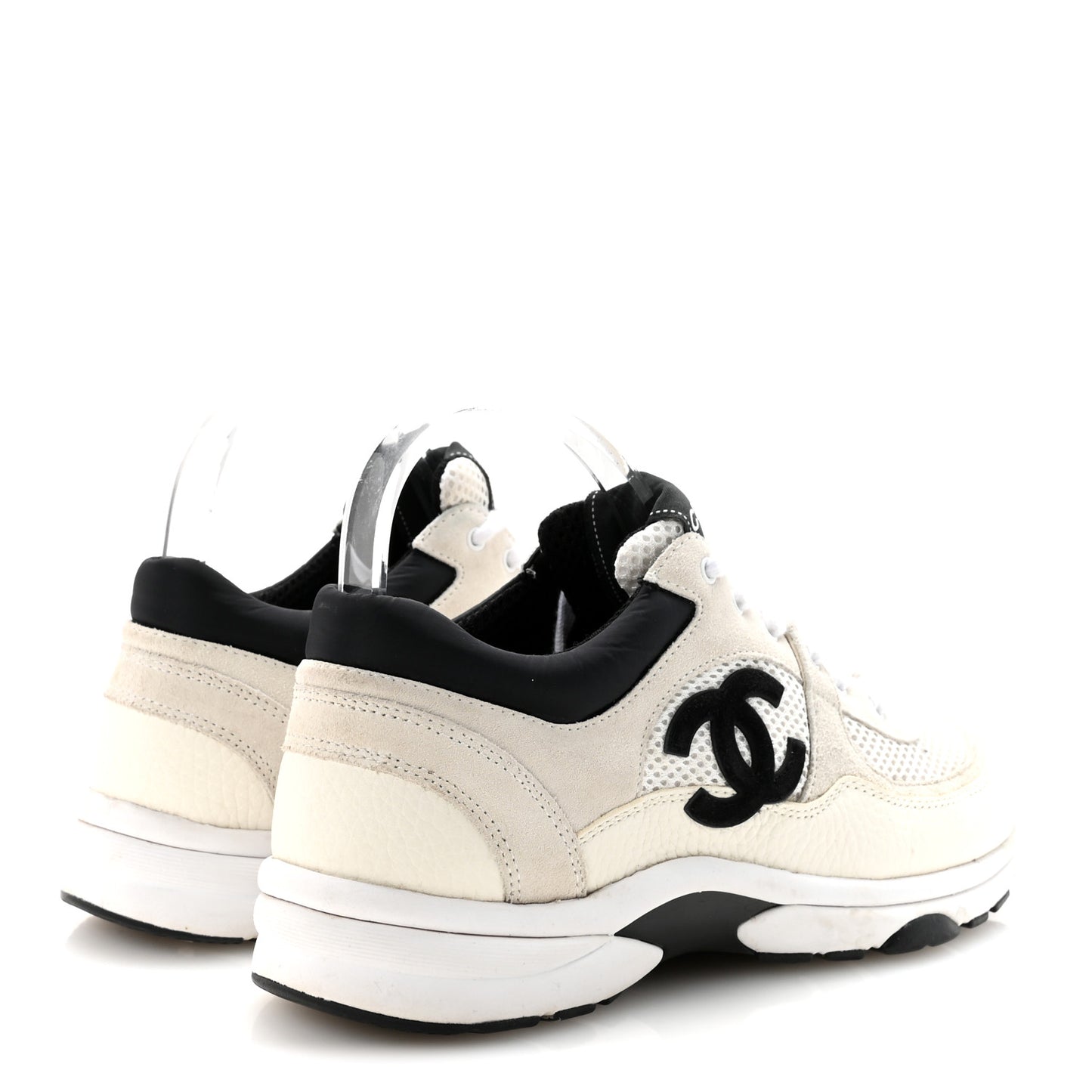 Mesh Suede Calfskin Grained Calfskin Womens CC Sneakers 38.5 White Black