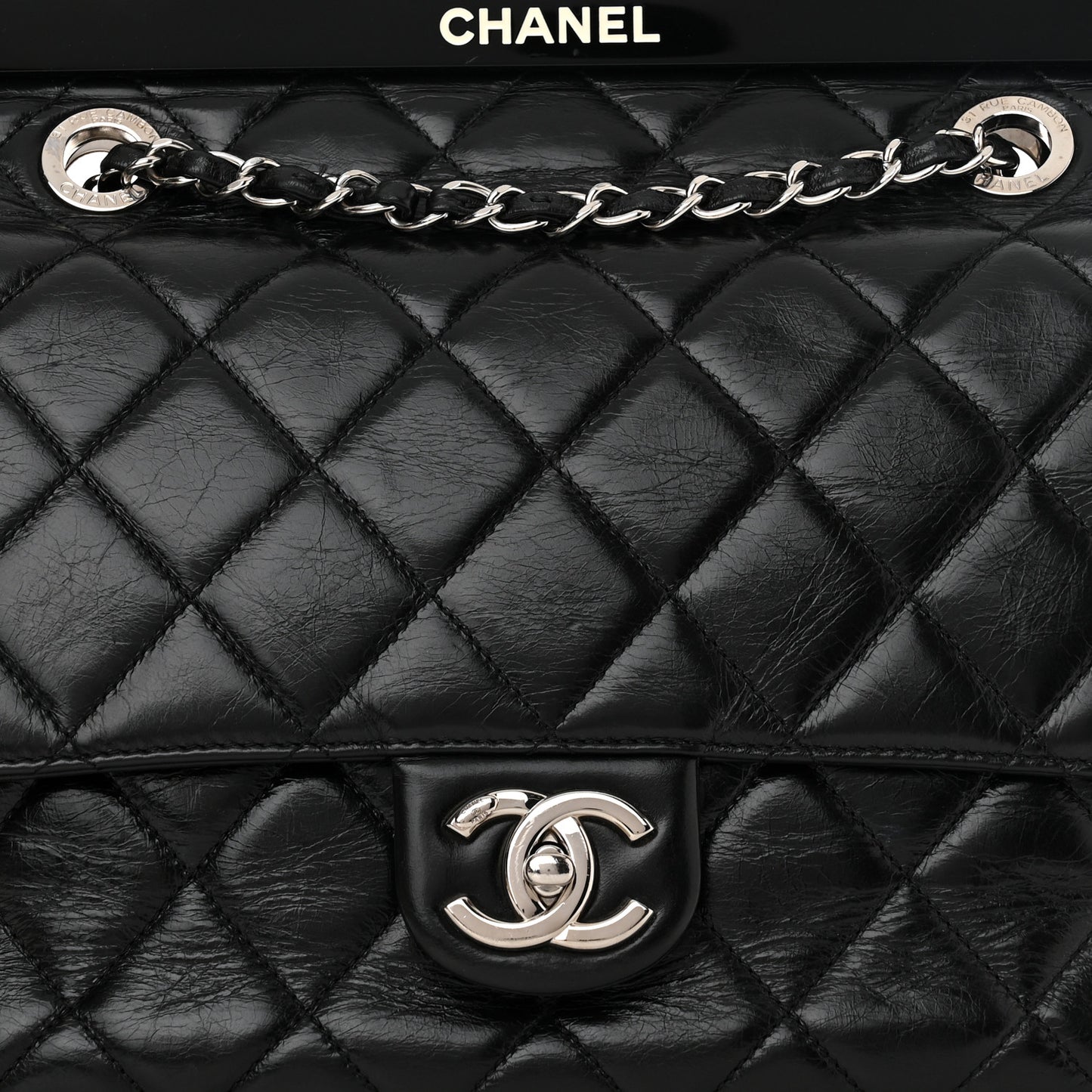 Glazed Calfskin Quilted Small CC Delivery Tote Black